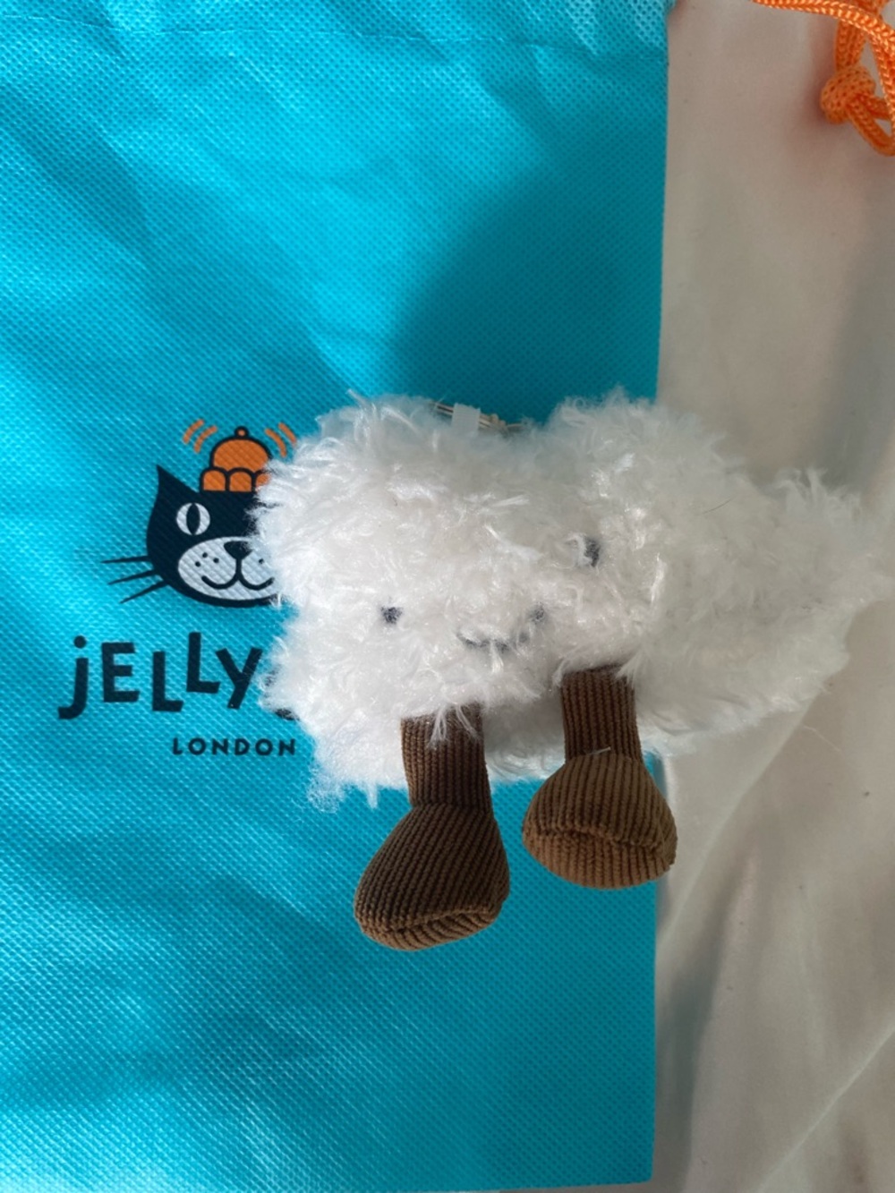 Jellycat White Fluffy Cloud Bag Charm with Brown Corduroy Legs